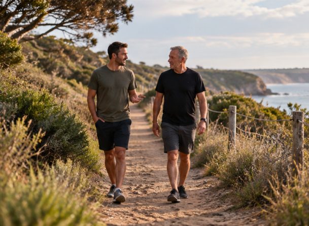 Two men walking and talking outdoors